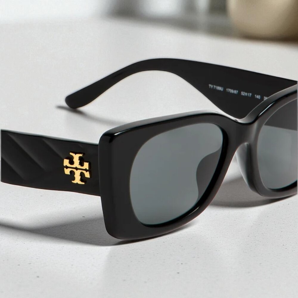 Tory Burch Kira Quilted Geometric Sunglasses | Black Acetate | Logo Gold Detail